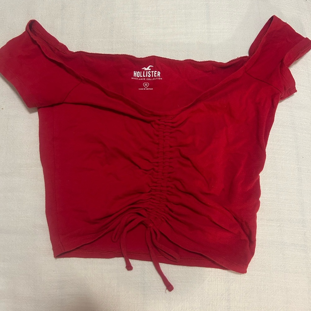 Hollister Women's Red Ruched Off the Shoulder Top- M